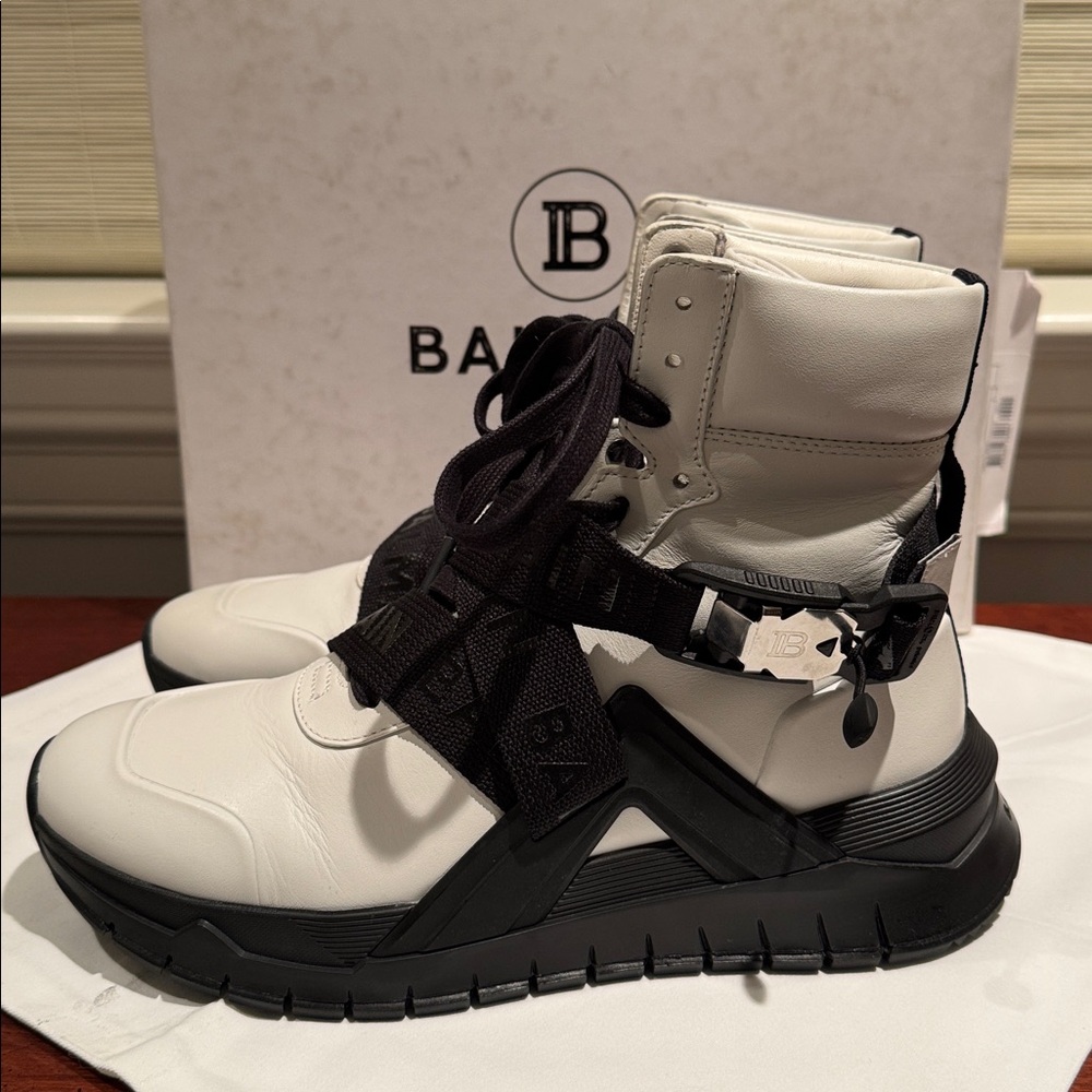 BALMAIN PARIS B TROOP HI-TOP SNEAKERS IN WHITE LEATHER W/BLACK LACES STRAPS EU40 - Picture 7 of 15